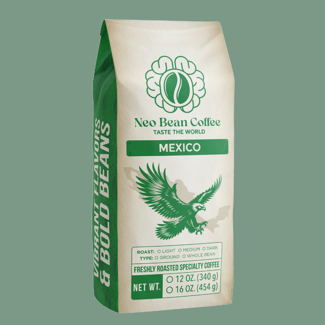 A cup of freshly brewed Mexican coffee next to whole beans and ground coffee, highlighting its chocolate, nutty, and spiced flavor profile.