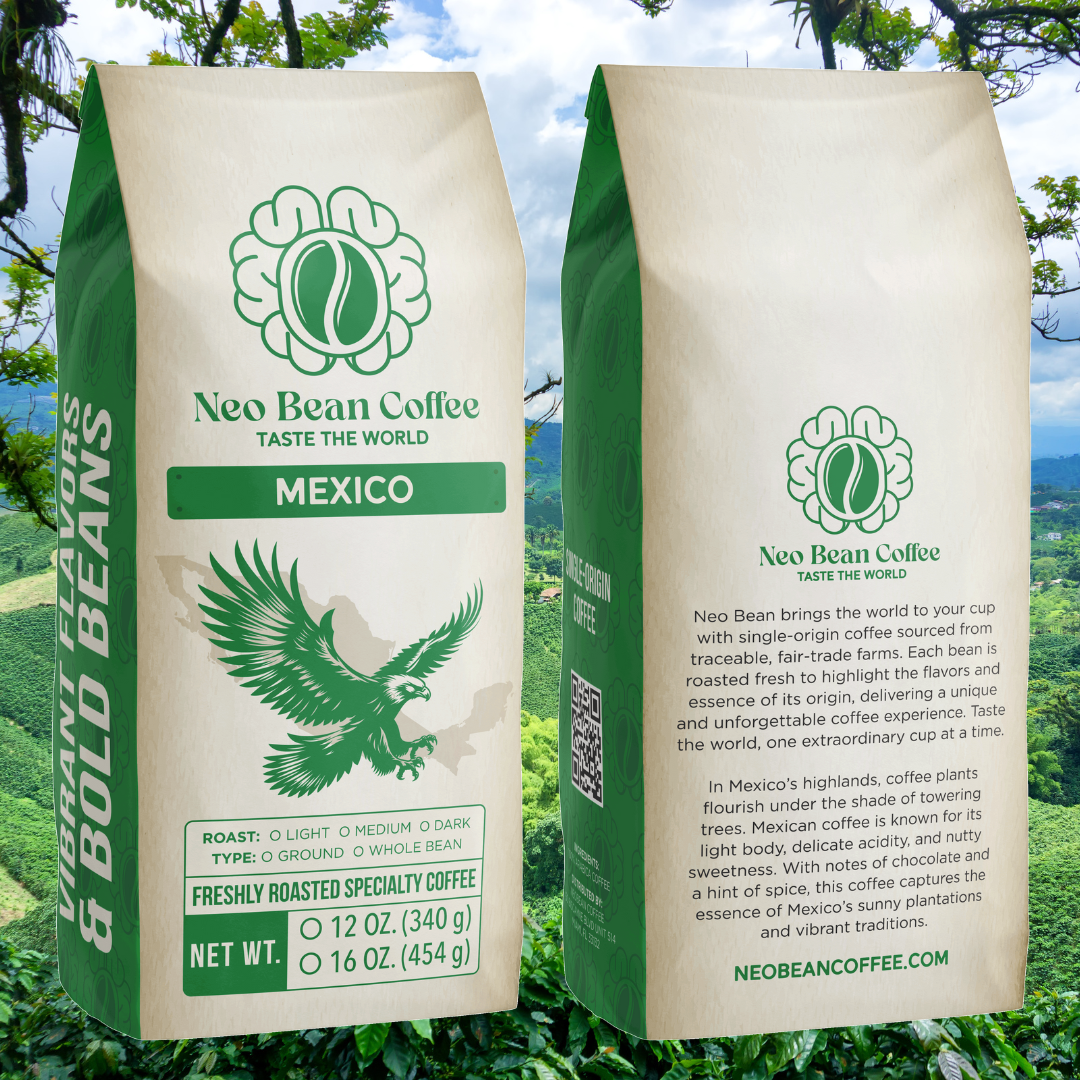Scenic Mexican coffee farm with coffee plants thriving in high-altitude shade, producing rich, aromatic specialty coffee.