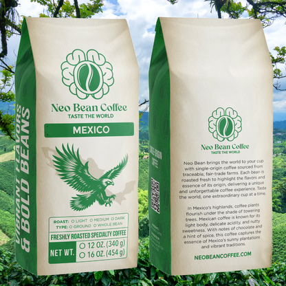 Scenic Mexican coffee farm with coffee plants thriving in high-altitude shade, producing rich, aromatic specialty coffee.