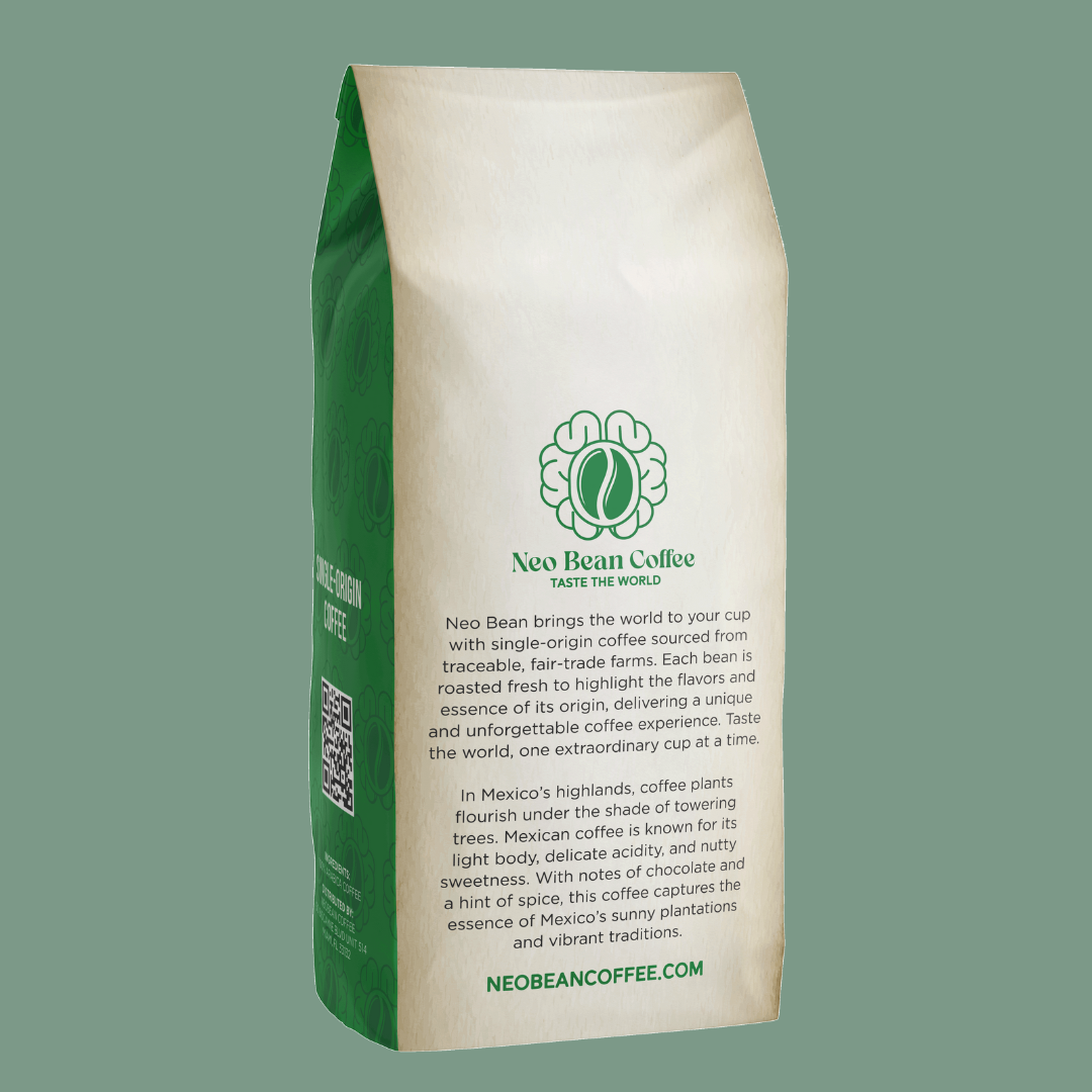 Neo Bean Coffee’s Mexico blend in sustainable packaging, emphasizing fair-trade sourcing and freshly roasted specialty coffee.