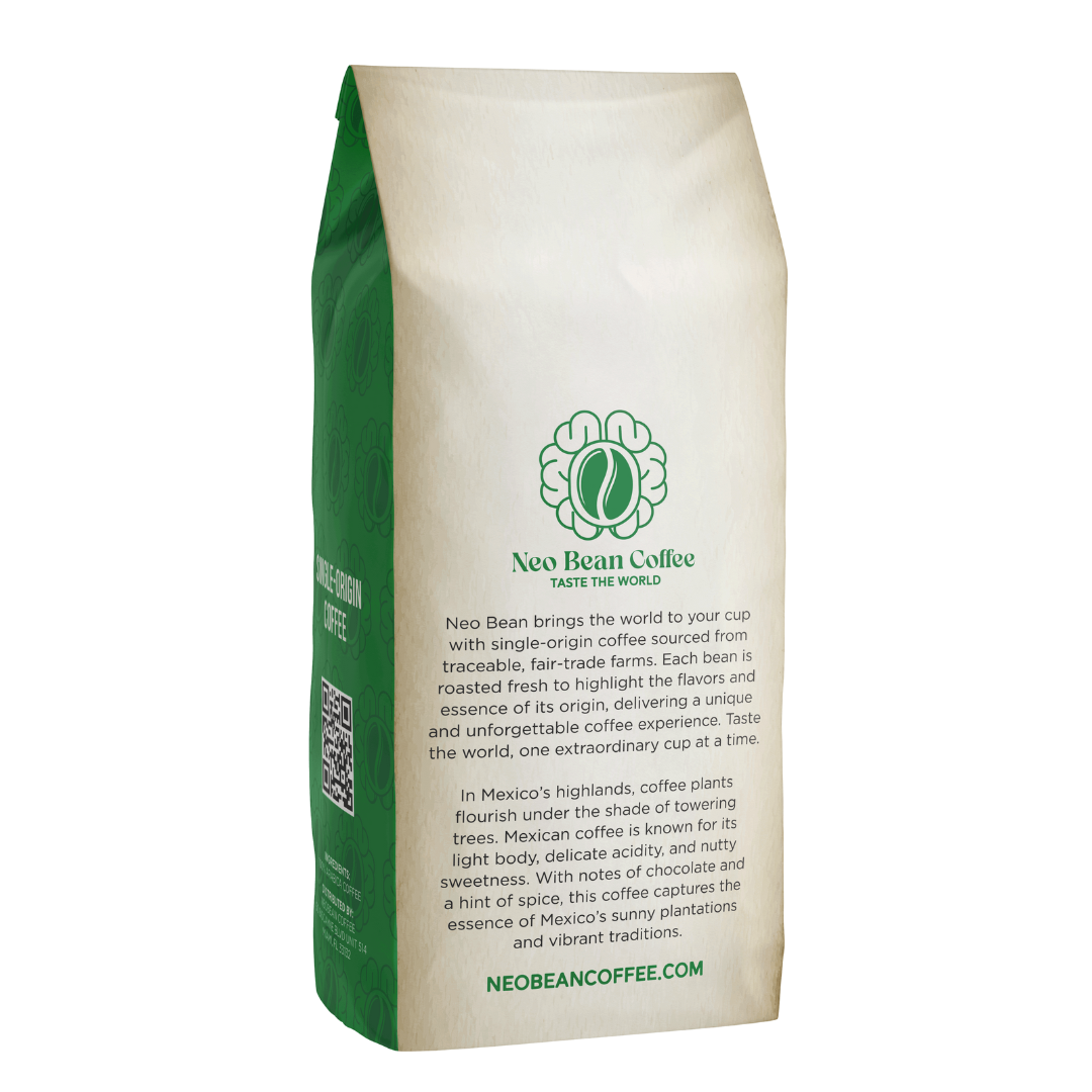 Neo Bean Coffee Mexico blend bag, showcasing branding, origin details, and tasting notes of light body, delicate acidity, and mild sweetness.