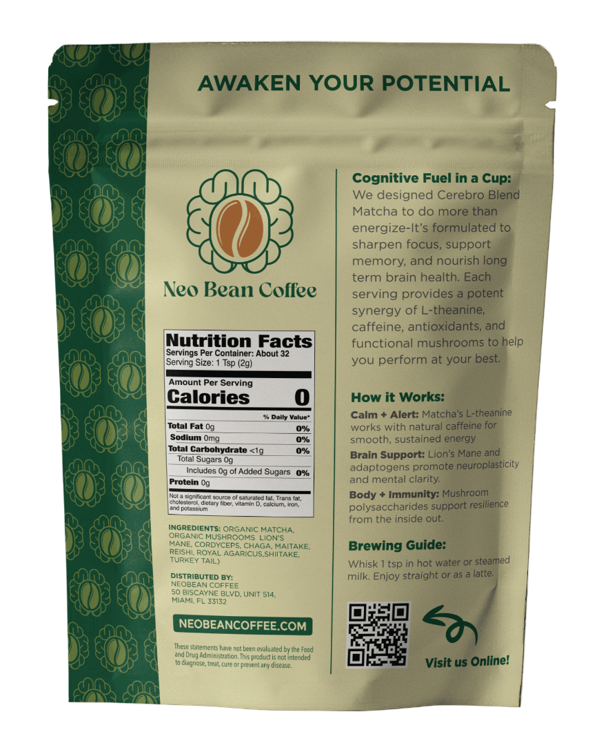 Neo Bean Coffee package with nutritional information and branding on a white background