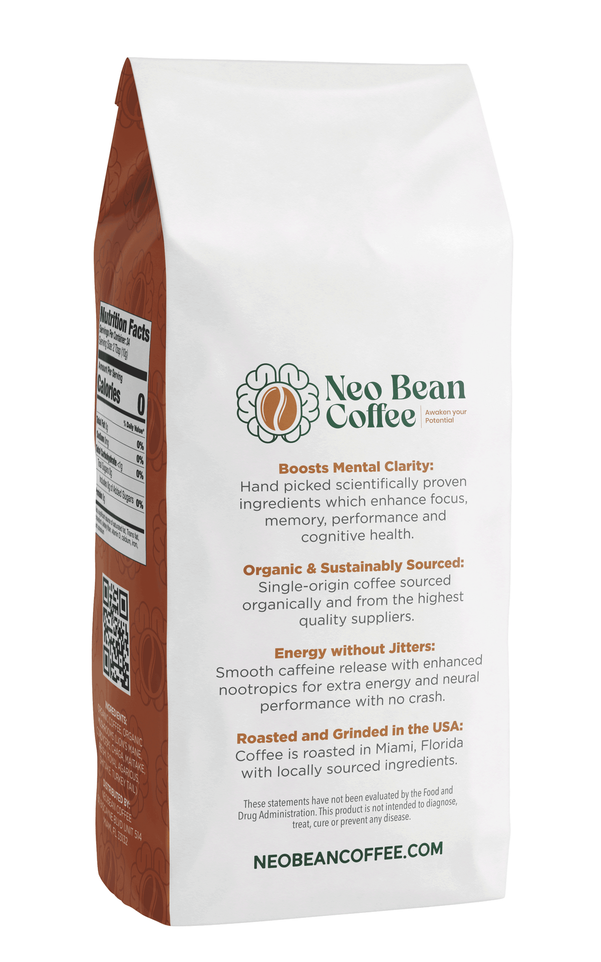 Back of a Neobean Cerebro blend adaptogen infused coffee bag that gives energy without jitters.