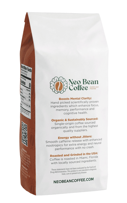 Back of a Neobean Cerebro blend adaptogen infused coffee bag that gives energy without jitters.