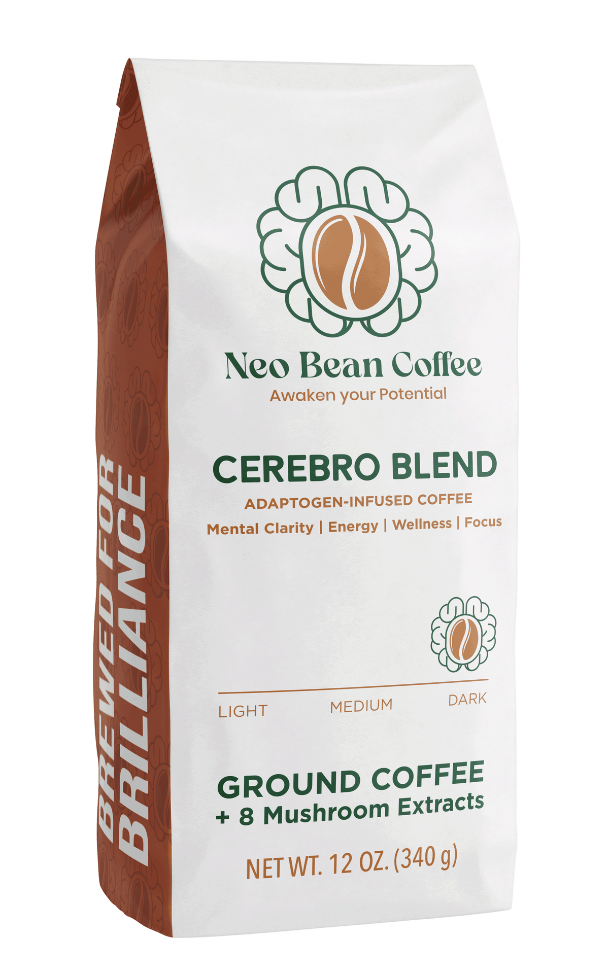 Front of a neobean cerebro blend adaptogen infused coffee bag. 