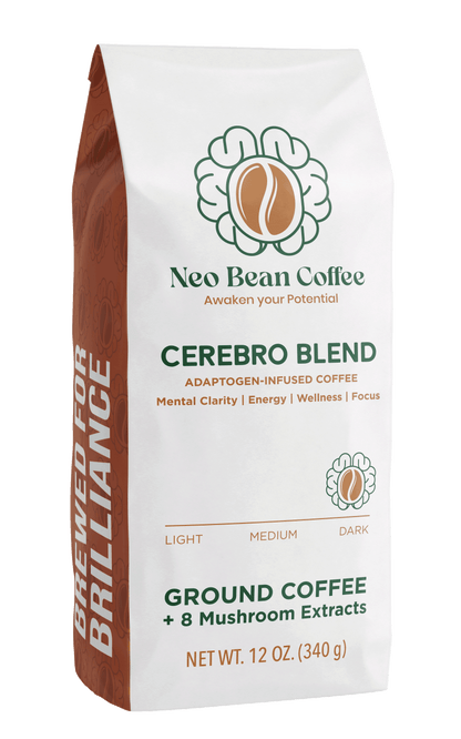 Front of a neobean cerebro blend adaptogen infused coffee bag. 