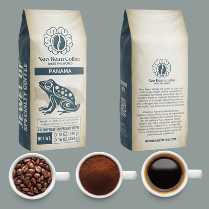 Neo Bean Coffee Panama single-origin coffee bag featuring a stylized frog design, symbolizing the rich biodiversity and premium coffee of Panama.