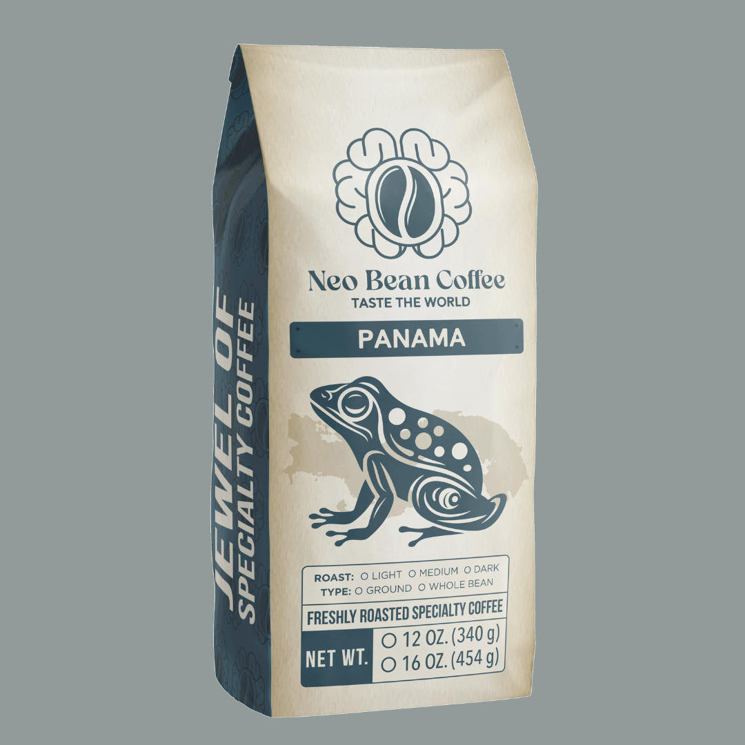 A cup of freshly brewed Panamanian coffee next to whole beans and ground coffee, highlighting its floral aromas and silky mouthfeel.
