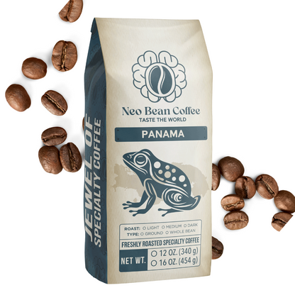 Close-up of freshly roasted Panamanian coffee beans, showcasing their deep brown hue and smooth texture, ideal for a delicate, floral brew.