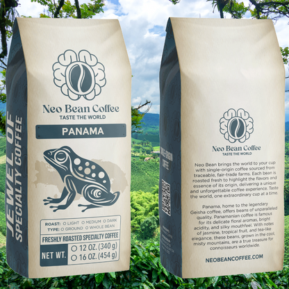 Scenic view of a Panamanian coffee farm with high-altitude coffee plants growing in the misty mountains, producing the world-renowned Geisha coffee.