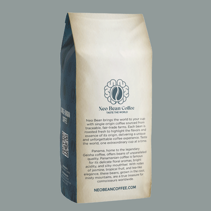 Neo Bean Coffee’s Panama blend in sustainable packaging, emphasizing fair-trade sourcing and freshly roasted Geisha specialty coffee.