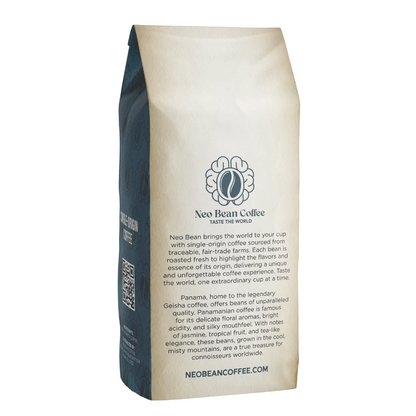Neo Bean Coffee Panama blend bag, showcasing branding, origin details, and tasting notes of jasmine, tropical fruit, and tea-like elegance.