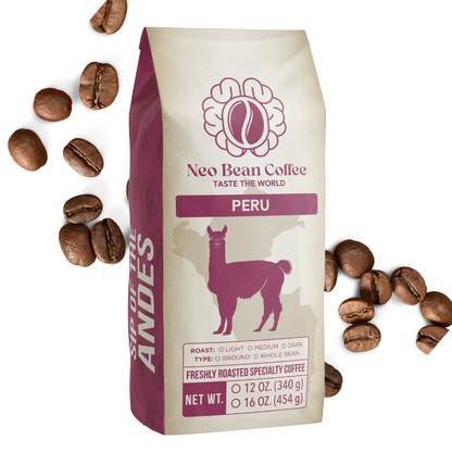 Neo Bean Coffee Peru bag with scattered coffee beans, highlighting its Peruvian origin.