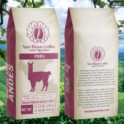 Neo Bean Coffee Peru bag set against a lush Peruvian coffee farm background.