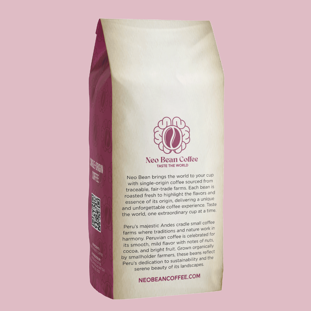 Front and back of Neo Bean Coffee Peru bag, showcasing branding and product story.