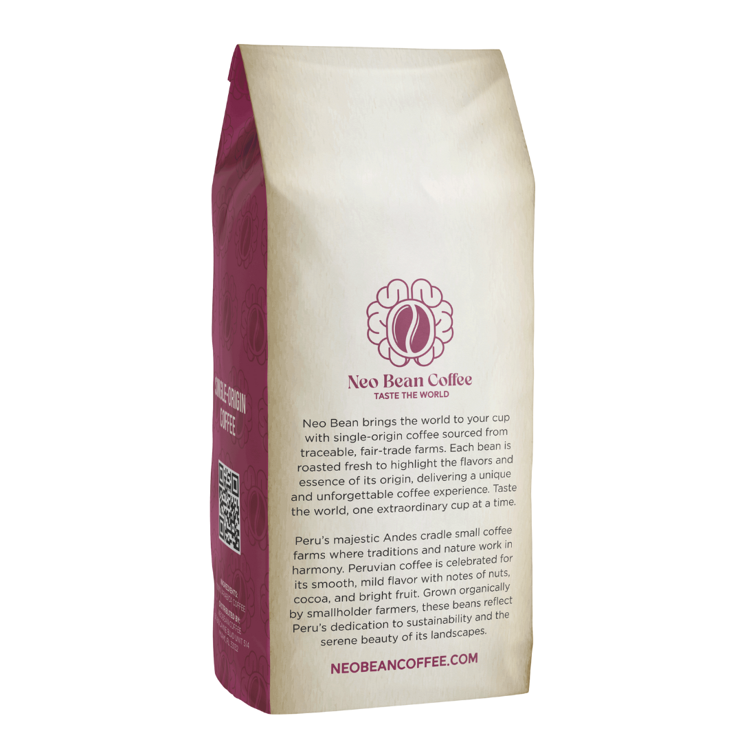 Close-up of the Neo Bean Coffee Peru bag with a clean, minimalistic design.
