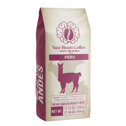 Side and back view of Neo Bean Coffee Peru bag with origin details and tasting notes.