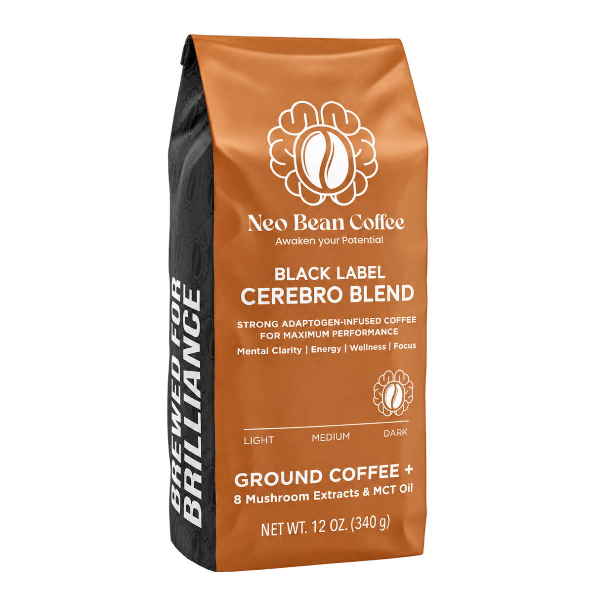 Neobean Black Label Cerebro Blend mushroom coffee bag, front view